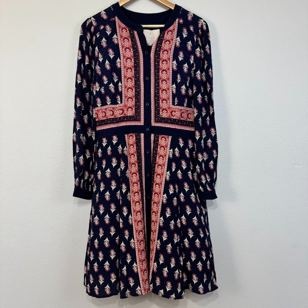 Gal Meets Glam Carlene Woodblock Stripe Floral Long Sleeve Dress Multi Sz US 12